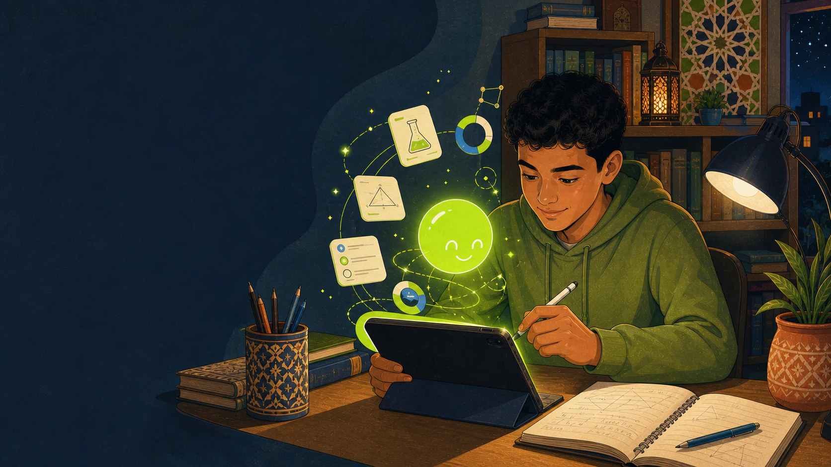 A student learning with an illustrated AI study assistant